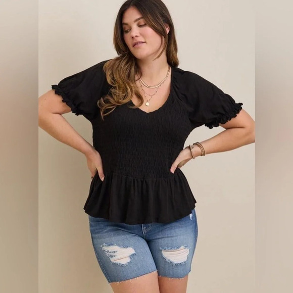 Torrid Cotton Modal Slub  Smocked Short Sleeve Babydoll Top Black Women Size 0 - Picture 1 of 10